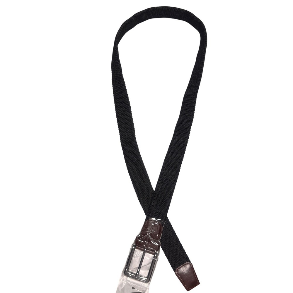 Boston Scott Mens Black‎ Braided Woven Belt Gunmetal Buckle Brown Trim 51in